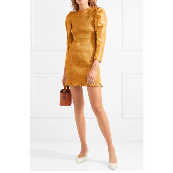 Ulla Johnson Aurele Dress‎ Mustard Shirred Taffeta Mini Dress US 6 / Medium - Picture 2 of 9